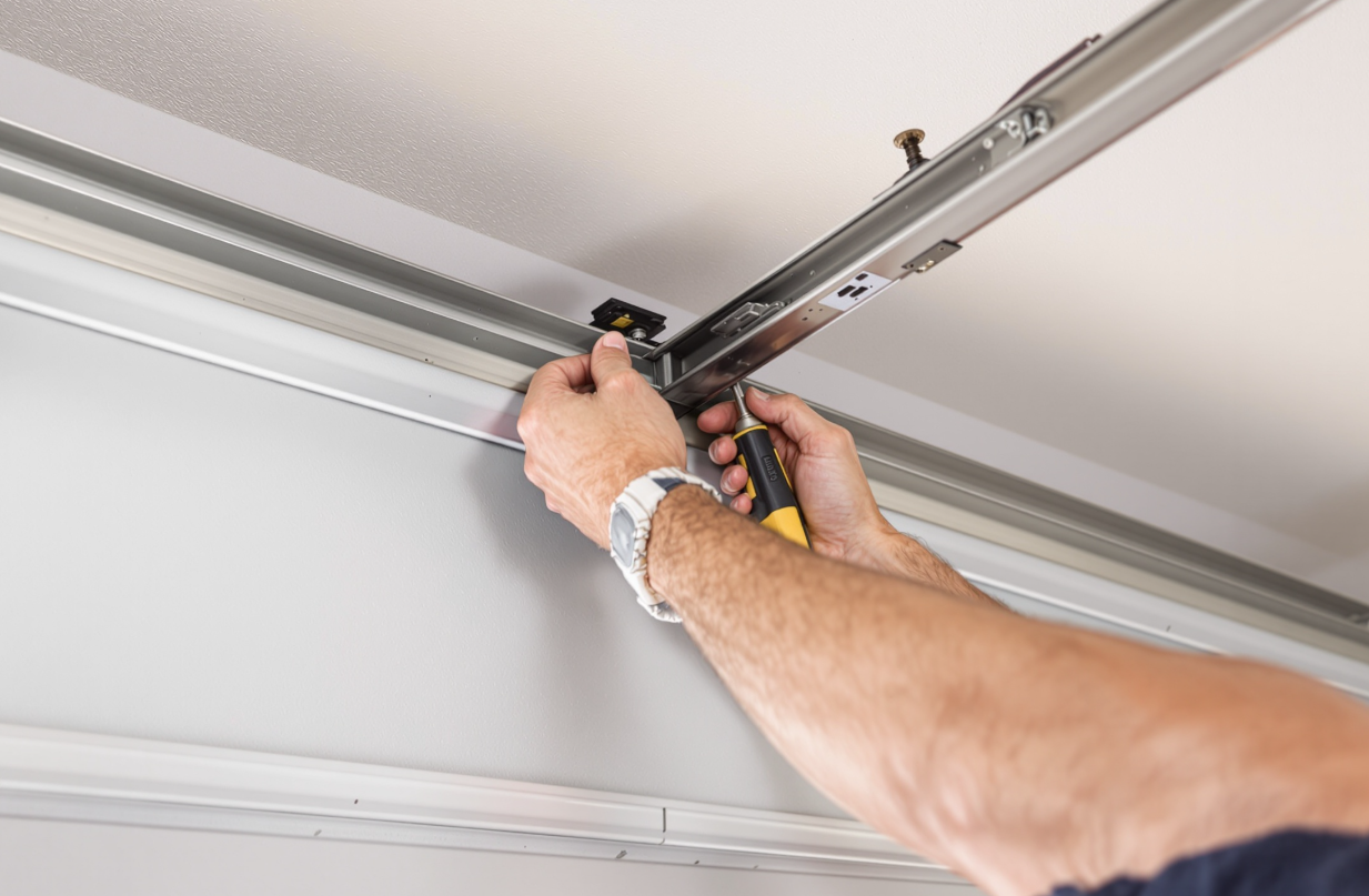 Licensed technician carefully balancing and realigning garage door tracking system
