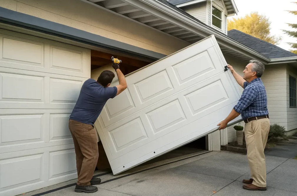 Professional technician performing safe garage door track realignment